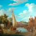 Dutch Canal Scene with Rigged Sailing Vessels and Figures among the Terraced Houses of Holland